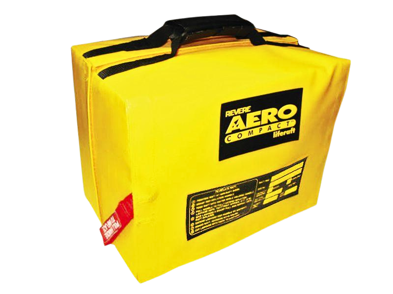 Bright yellow emergency bag labeled "Revere Aero Compact Liferaft" with black handles and a red safety tag, signifying preparedness and safety.