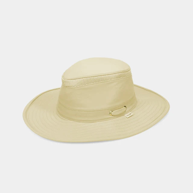 A light beige wide-brim sun hat with a structured crown, a textured band, and a small gold metal accent on the side, shown against a light gray background.