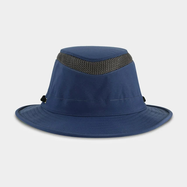 Blue bucket hat with a mesh band on a light gray background