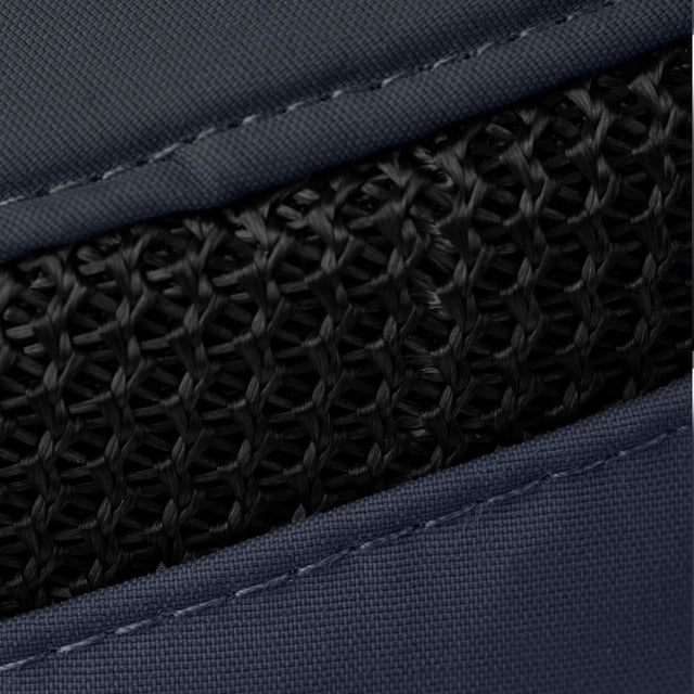 Close-up of a navy blue fabric with black mesh pattern