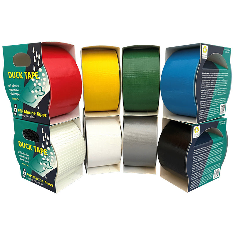Six rolls of Duck Tape in different colors (red, yellow, green, blue, white, gray, and black) displayed inside their retail packaging on a solid white background.