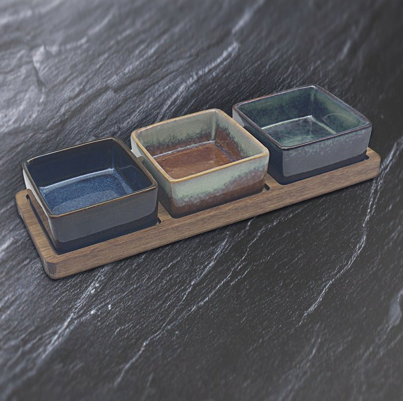 3 Square Bowl Snack Dishes and Wood Tray