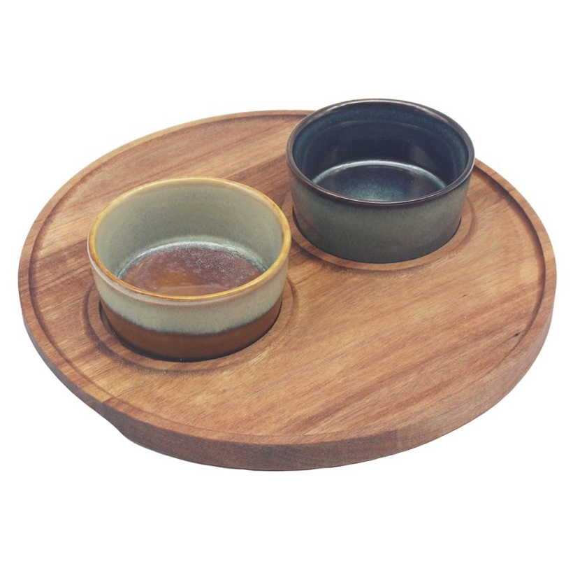 2 Bowl Snack Dishes and Round Tray