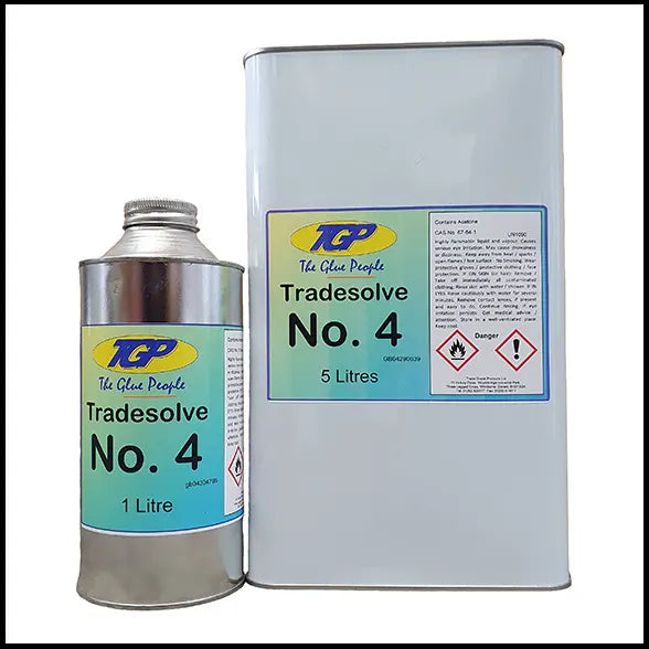 A 1 litre metal can and a 5 litres rectangular metal drum of TGP Tradesolve No. 4 glue solvent, shown on a plain white background.
