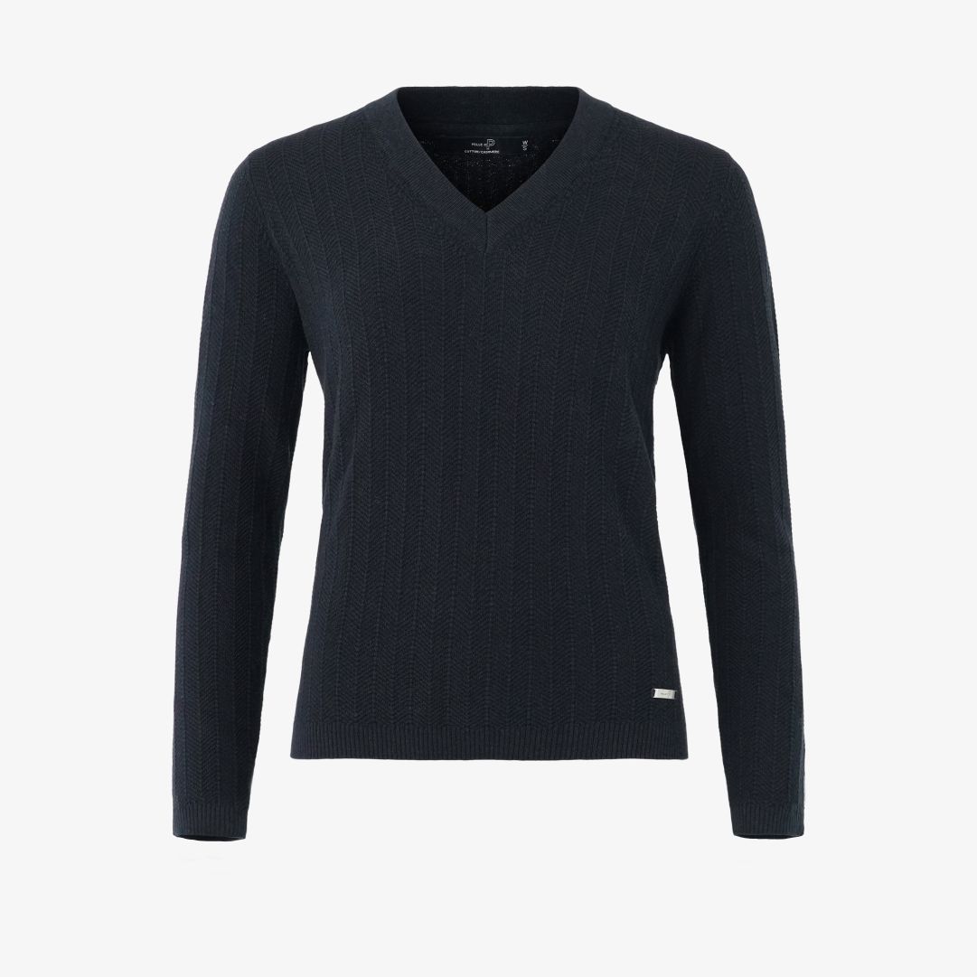 W Tiller Herringbone V-neck, Dk Navy Blue