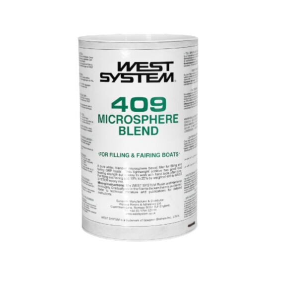 A white cylindrical canister of West System 409 Microsphere Blend, featuring a white label with green and black text, isolated on a white background.