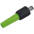 Green and black garden hose nozzle on a white background