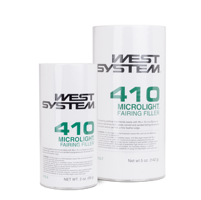 Two white cylindrical product containers for West System 410 Microlight Fairing Filler, one 2 oz and one 5 oz, shown on a clean white background.