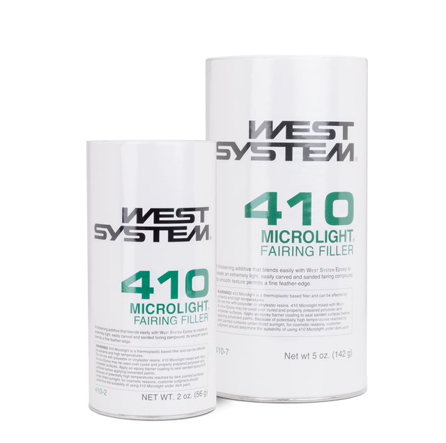 Two white cylindrical product containers for West System 410 Microlight Fairing Filler, one 2 oz and one 5 oz, shown on a clean white background.