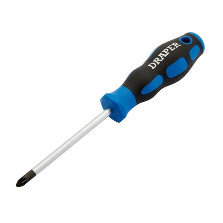 Screwdriver with blue and black handle on a white background