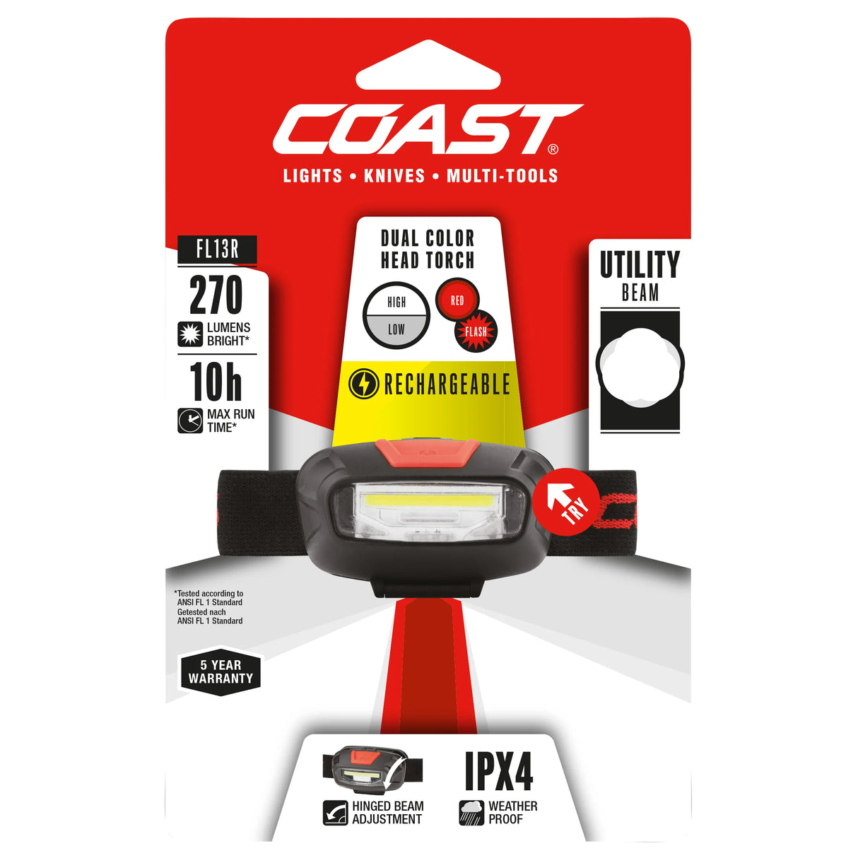 Coast FL13R Rechargeable Head Torch with Red Light