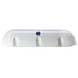 A white dock fender with a curved, semi-circular top, featuring a small blue circular emblem in the center.