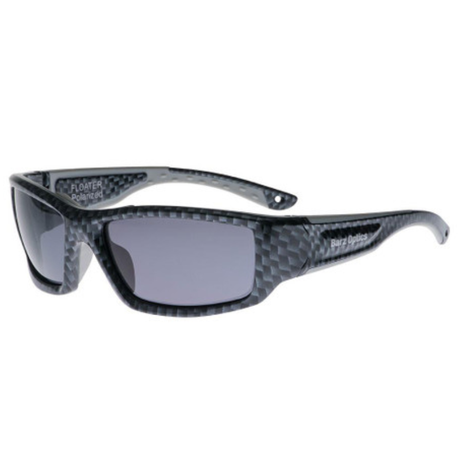 Wrap-around sunglasses with a black and gray carbon fiber patterned frame and dark gray lenses, shown on a plain white background.