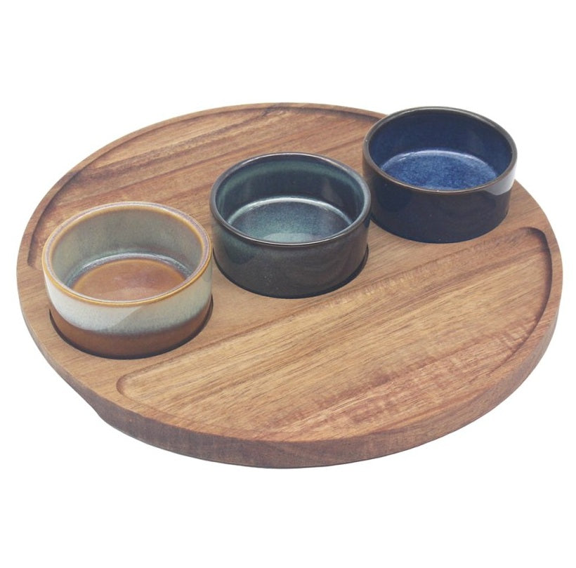 3 Bowl Snack Dishes and Round Tray