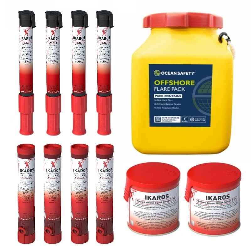 Ikaros Flare Pack - Offshore - Containing 4 Red Hand 4 Parachute Rockets 2 Orange Buoyant Smokes 1 Waterproof Bottle