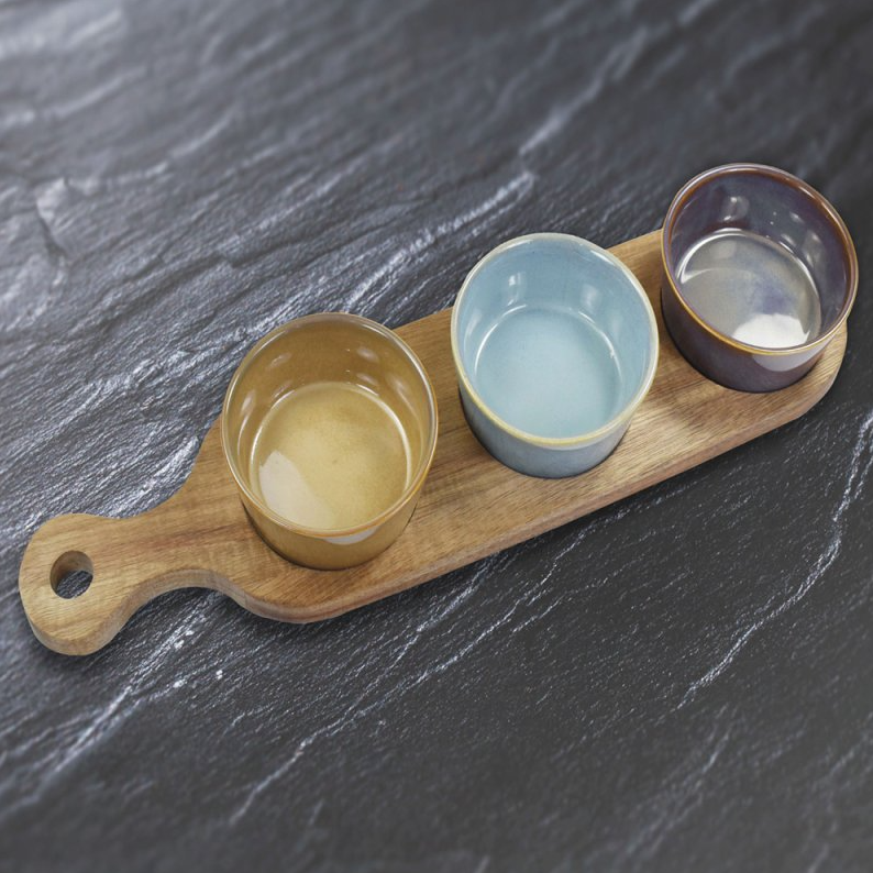 3 Bowl Snack Dishes and Wood Tray