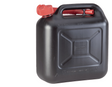 Black plastic fuel canister with red nozzle on a transparent background