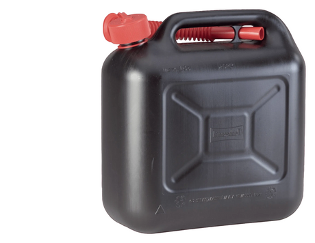 Black plastic fuel canister with red nozzle on a transparent background