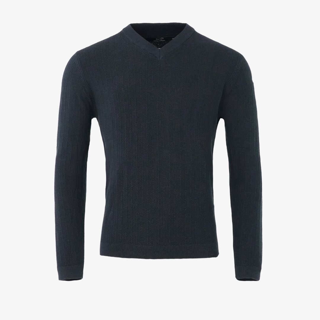 Tiller Herringbone V-neck, Dk Navy Blue
