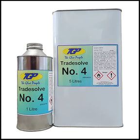 A 1 litre metal can and a 5 litres rectangular metal drum of TGP Tradesolve No. 4 glue solvent, shown on a plain white background.