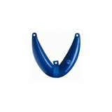 A blue curved fender with two mounting holes at the top and a small circular logo near the lower right, shown on a plain white background.
