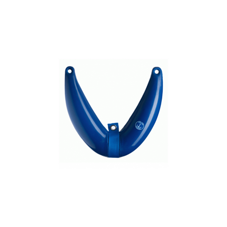 A blue curved fender with two mounting holes at the top and a small circular logo near the lower right, shown on a plain white background.