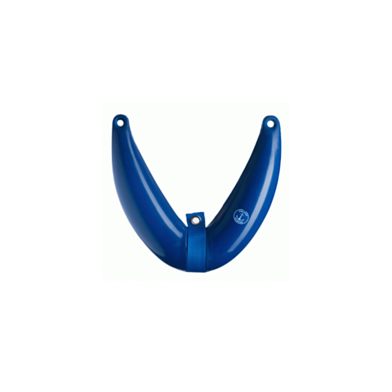 A blue curved fender with two mounting holes at the top and a small circular logo near the lower right, shown on a plain white background.