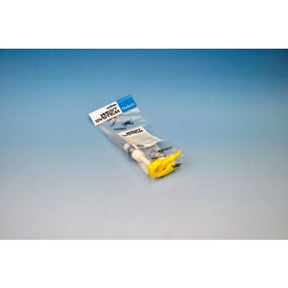 A packaged fishing line spool with a blue and white header card and a bright yellow tip, shown on a blue gradient background.