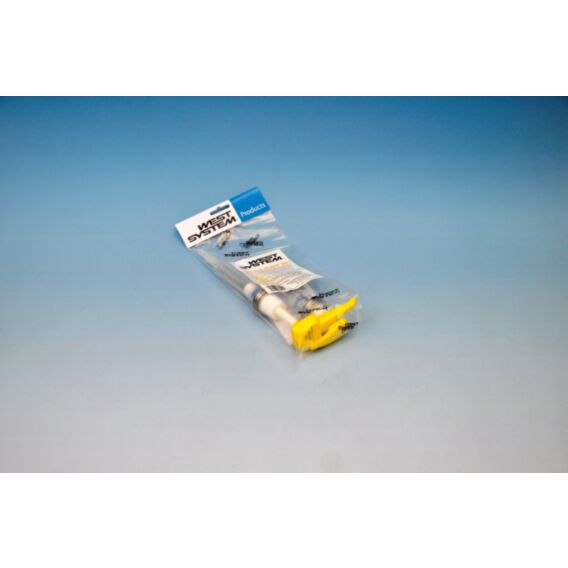 A packaged fishing line spool with a blue and white header card and a bright yellow tip, shown on a blue gradient background.