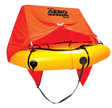 Bright yellow liferaft with an orange canopy labeled "Aero Compact" against a black background. The tone is safety-focused and vibrant.
