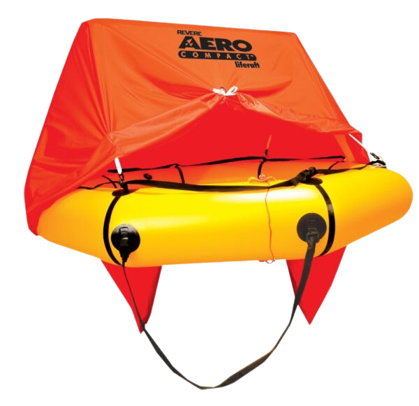 Bright yellow liferaft with an orange canopy labeled "Aero Compact" against a black background. The tone is safety-focused and vibrant.