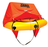 Bright yellow liferaft with an orange canopy labeled "Aero Compact" against a black background. The tone is safety-focused and vibrant.