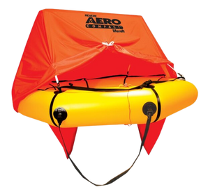 Bright yellow liferaft with an orange canopy labeled "Aero Compact" against a black background. The tone is safety-focused and vibrant.