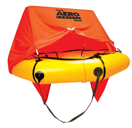 Bright yellow liferaft with an orange canopy labeled "Aero Compact" against a black background. The tone is safety-focused and vibrant.