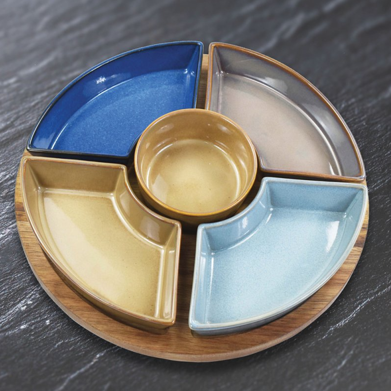 5 Bowl Snack Dishes and Wood Tray