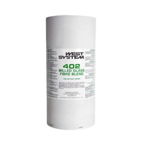 A white cylindrical canister of West System 402 Milled Glass Fibre Blend, shown against a plain white background.