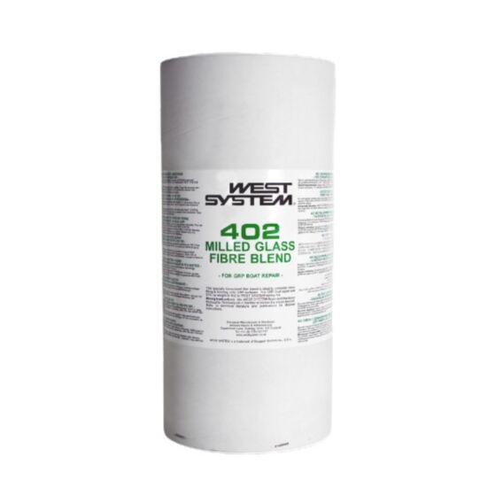 A white cylindrical canister of West System 402 Milled Glass Fibre Blend, shown against a plain white background.