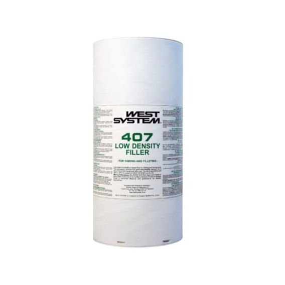 A white cylindrical canister of West System 407 Low Density Filler, featuring a white label with green and black text, set against a plain white background.