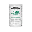 A white cylindrical canister of West System 409 Microsphere Blend, featuring a white label with green and black text, isolated on a white background.