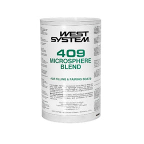 A white cylindrical canister of West System 409 Microsphere Blend, featuring a white label with green and black text, isolated on a white background.