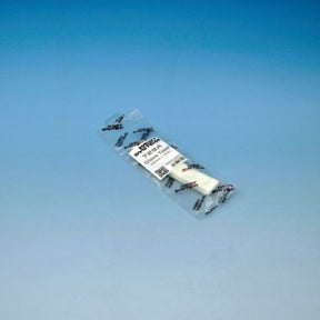 A packaged white plastic replacement part in clear plastic wrapping with a white label, photographed against a blue gradient background.